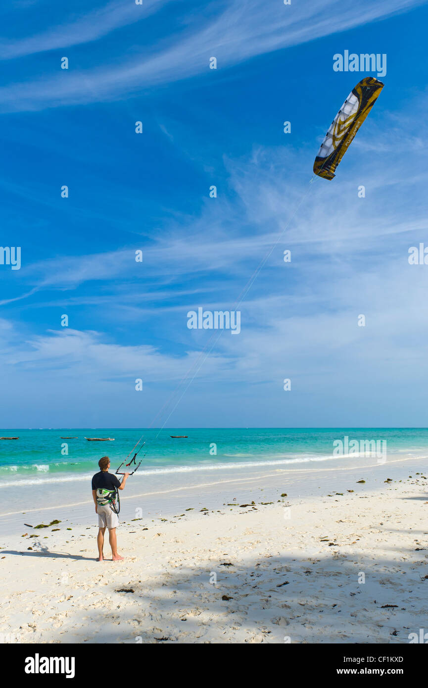 Kite surfer beginner practicing control and steering, Paje, Zanzibar, Tanzania Stock Photo