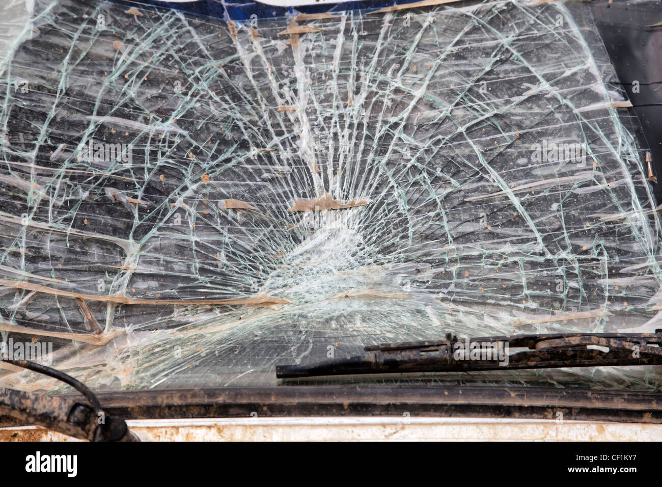 Smashed windshield of rally car Stock Photo
