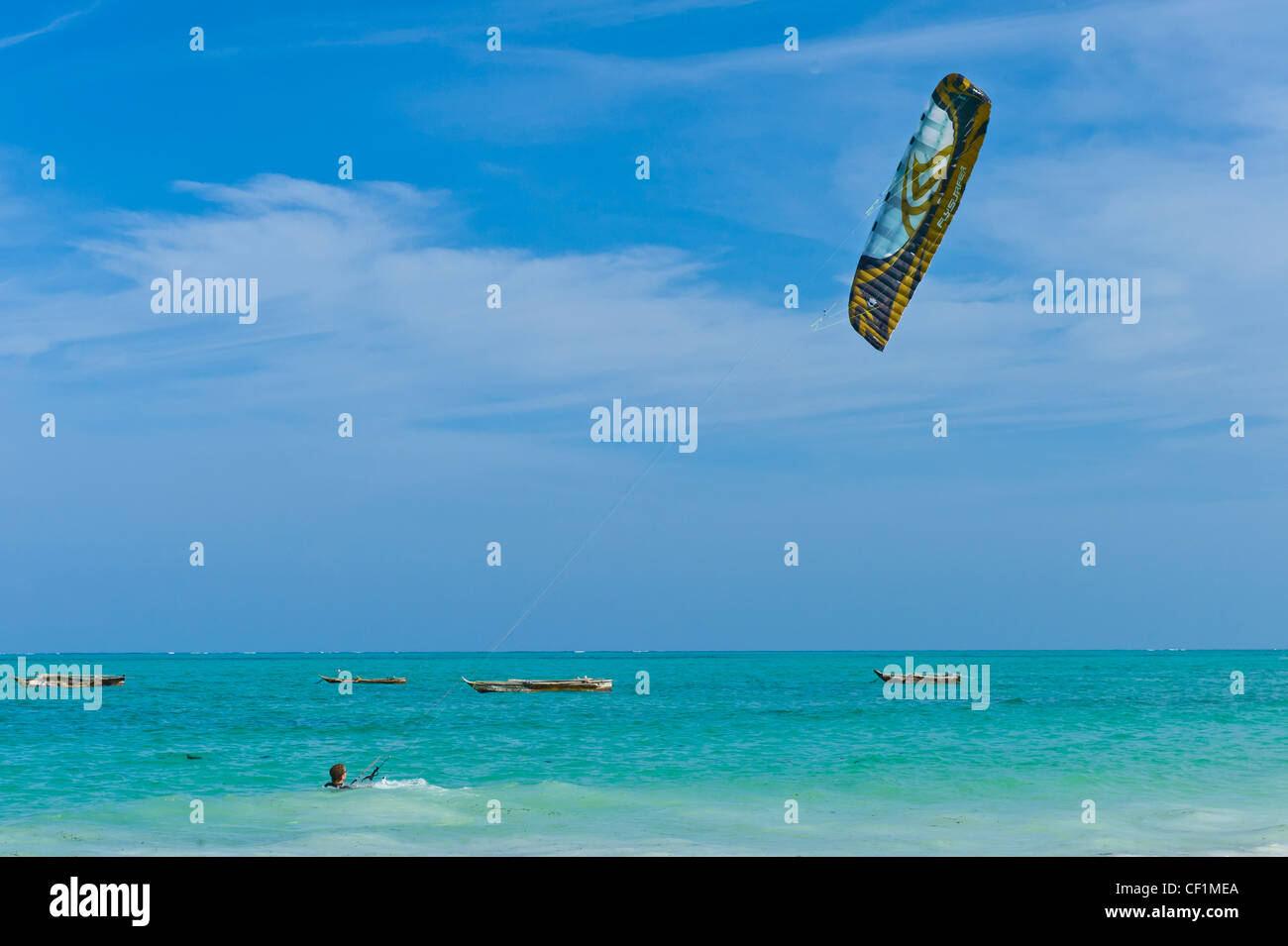 Kite surfer water starting in Paje, Zanzibar, Tanzania Stock Photo