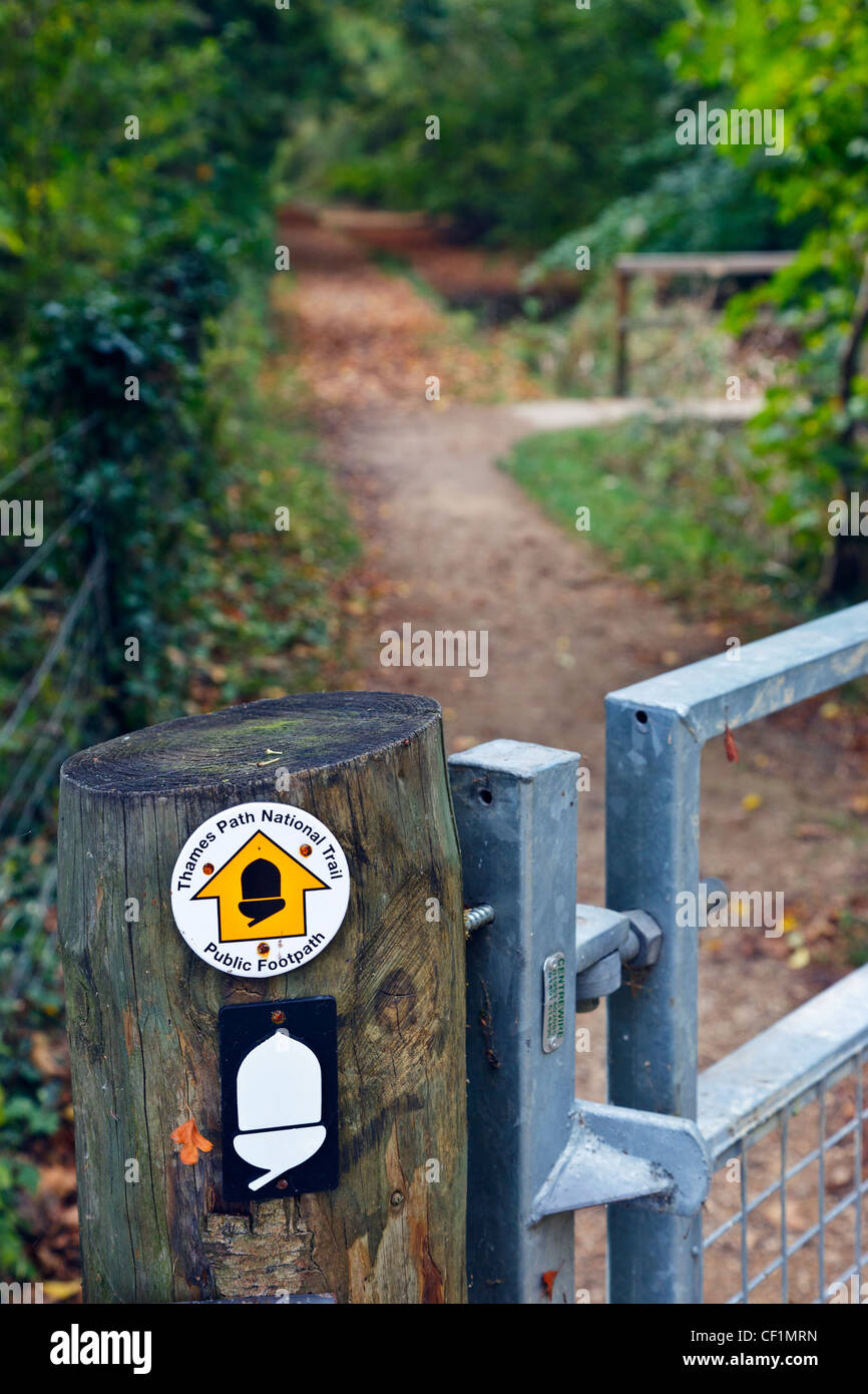 Thames Path National Trail sign on a wooden gatepost indicating the direction of the public footpath. Stock Photo