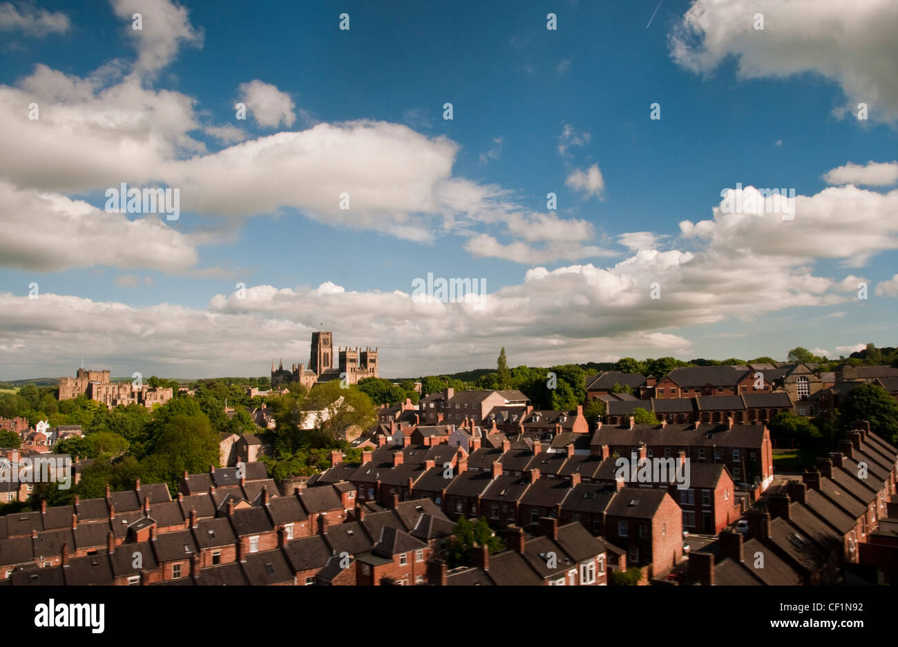 View over rooftops towards Durham Cathedral and Durham Castle. Stock Photo