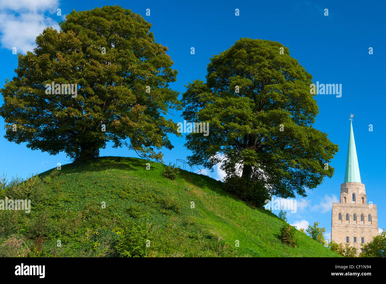 The Mound, the site of Oxford castle built in 1071 and the library tower and spire of Nuffield College. Stock Photo