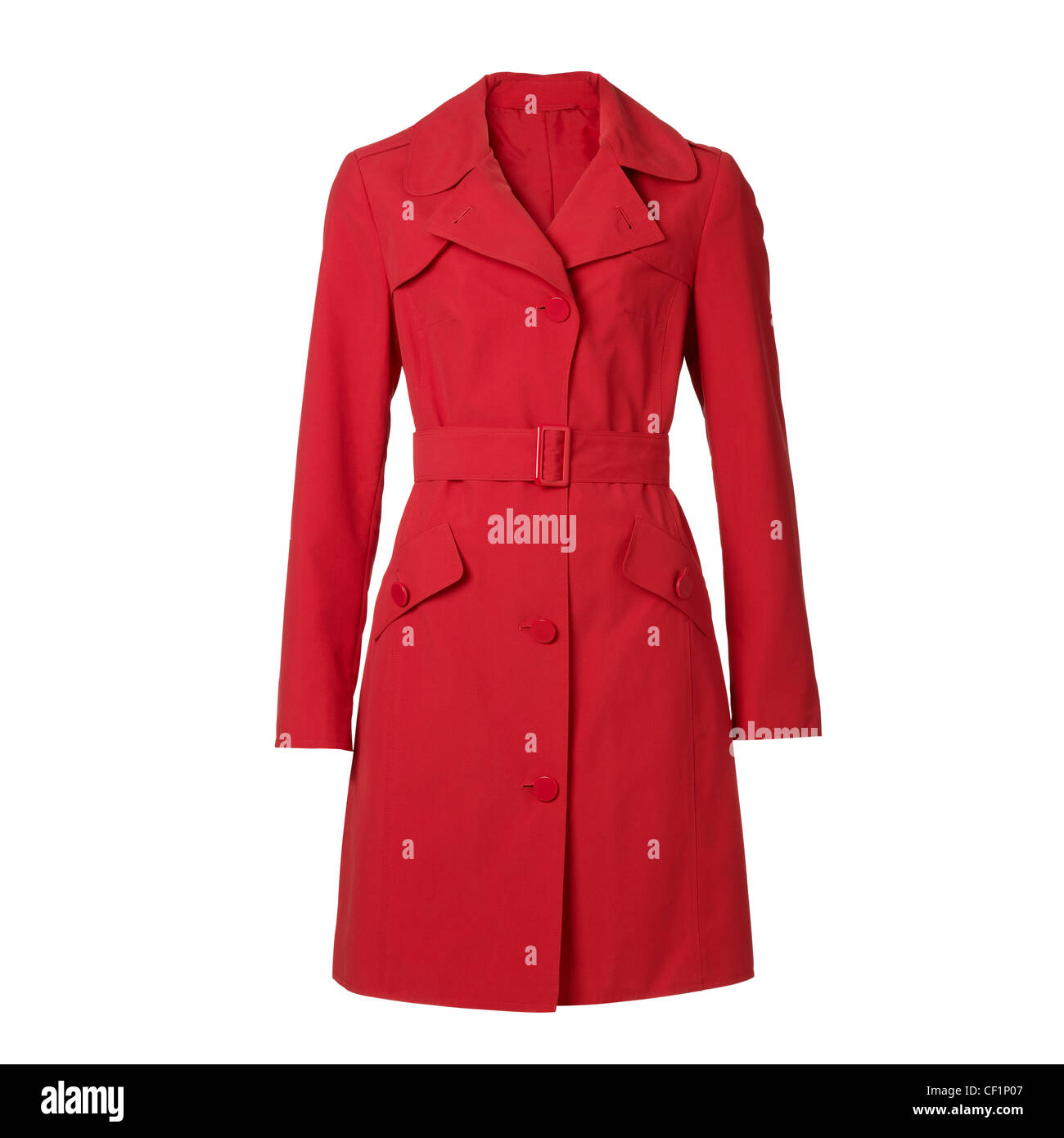 A still life shot of a red ladies coat isolated on a white background Stock Photo