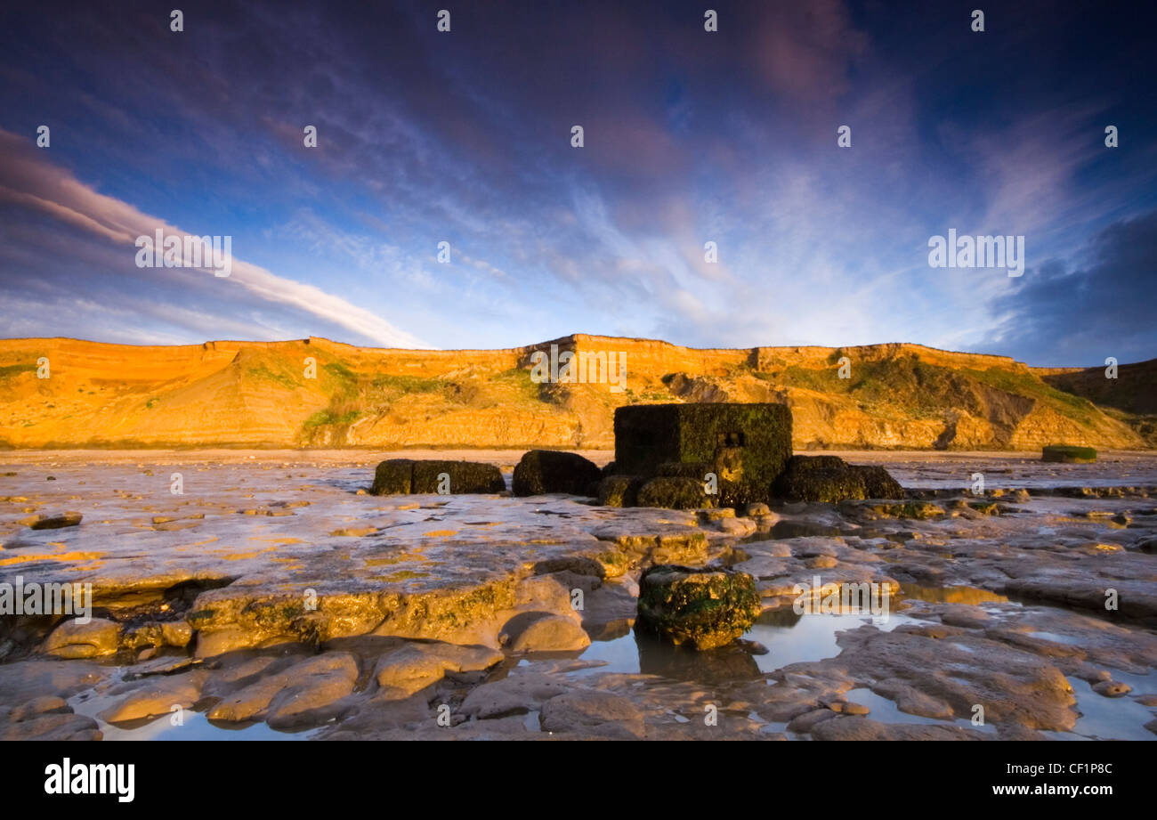 Deserted pillbox at the Naze. The Naze derives from Old English meaning promontory or headland. Stock Photo