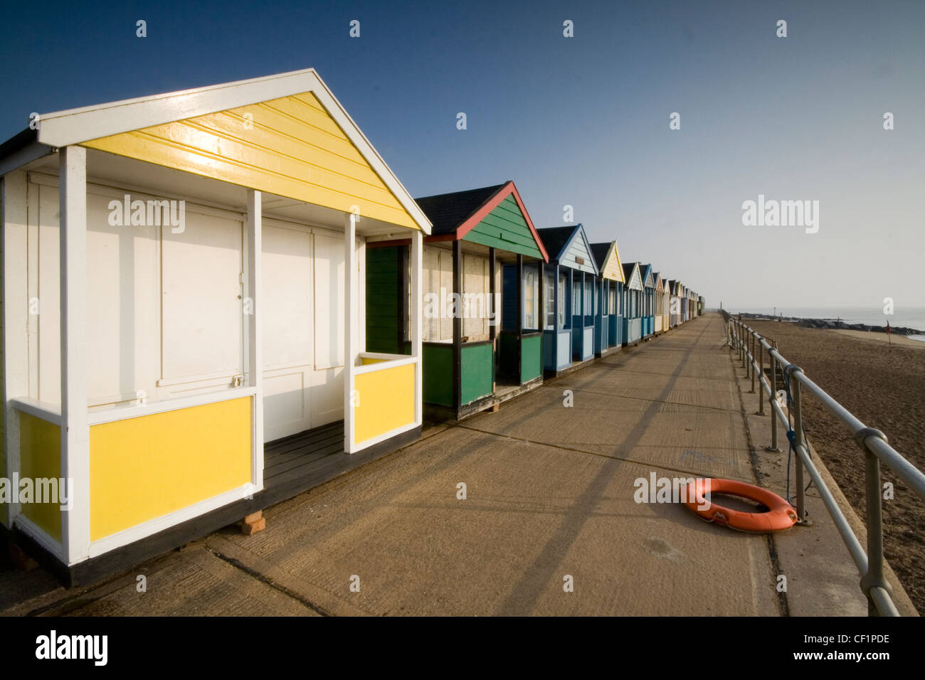 Southwold beach huts. The town has 300 beach huts which evolved from fishermen's huts and bathing huts, from where they progress Stock Photo
