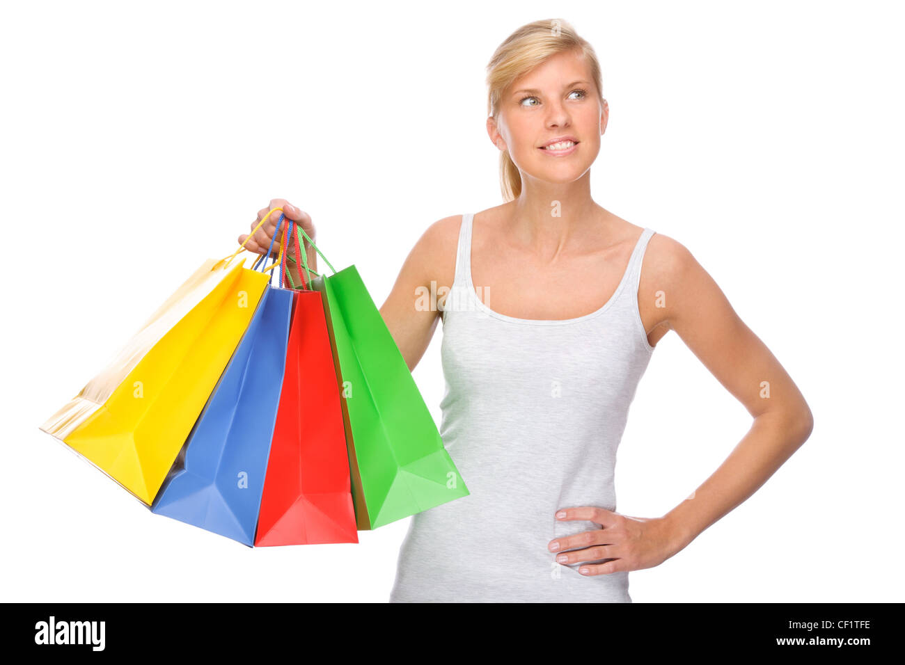 Full isolated portrait of a beautiful woman with shopping bags Stock ...