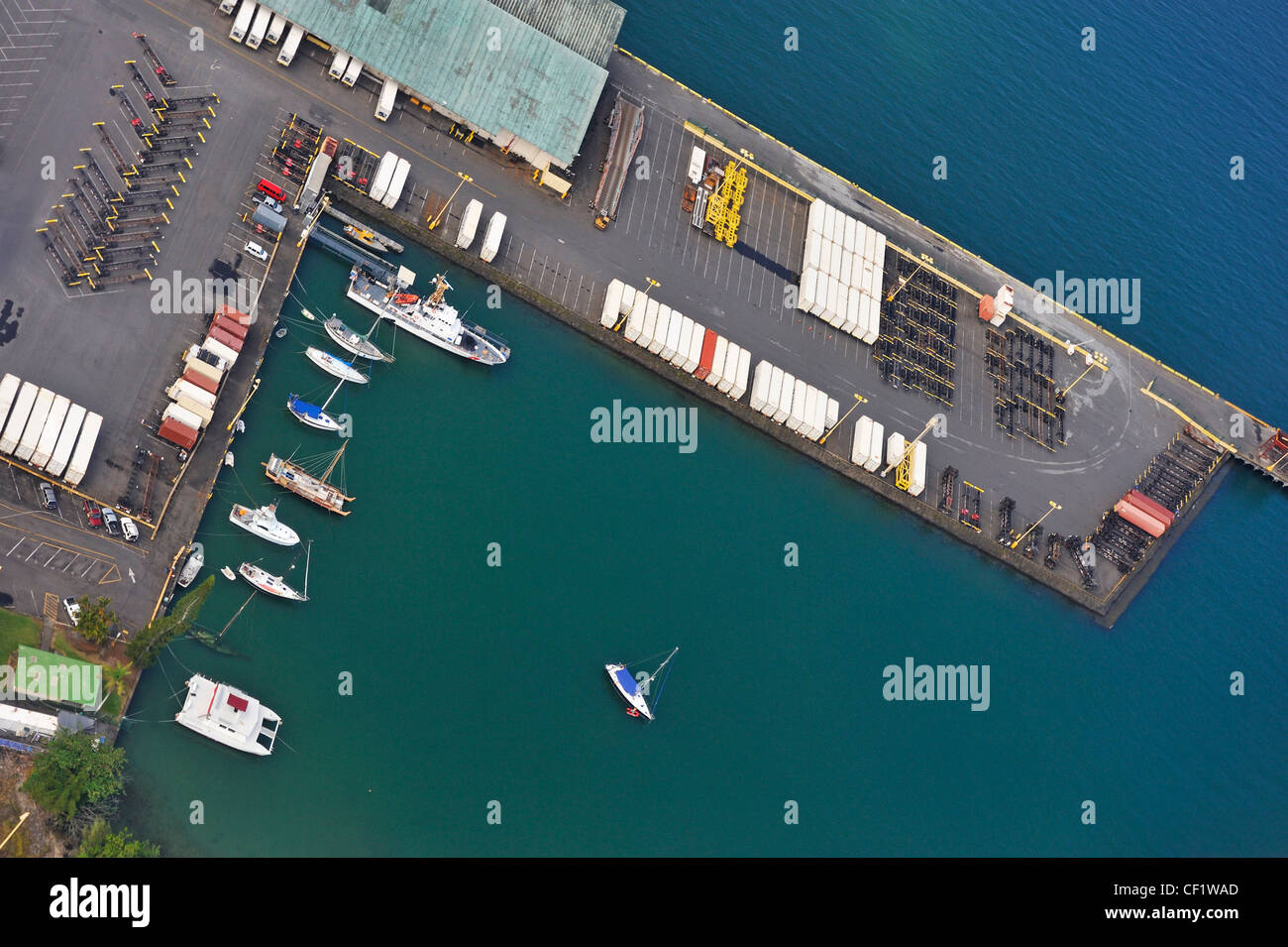 Boats and containers on wharf, Hilo harbor (aerial view), Big Island, Hawaii Islands, Usa Stock