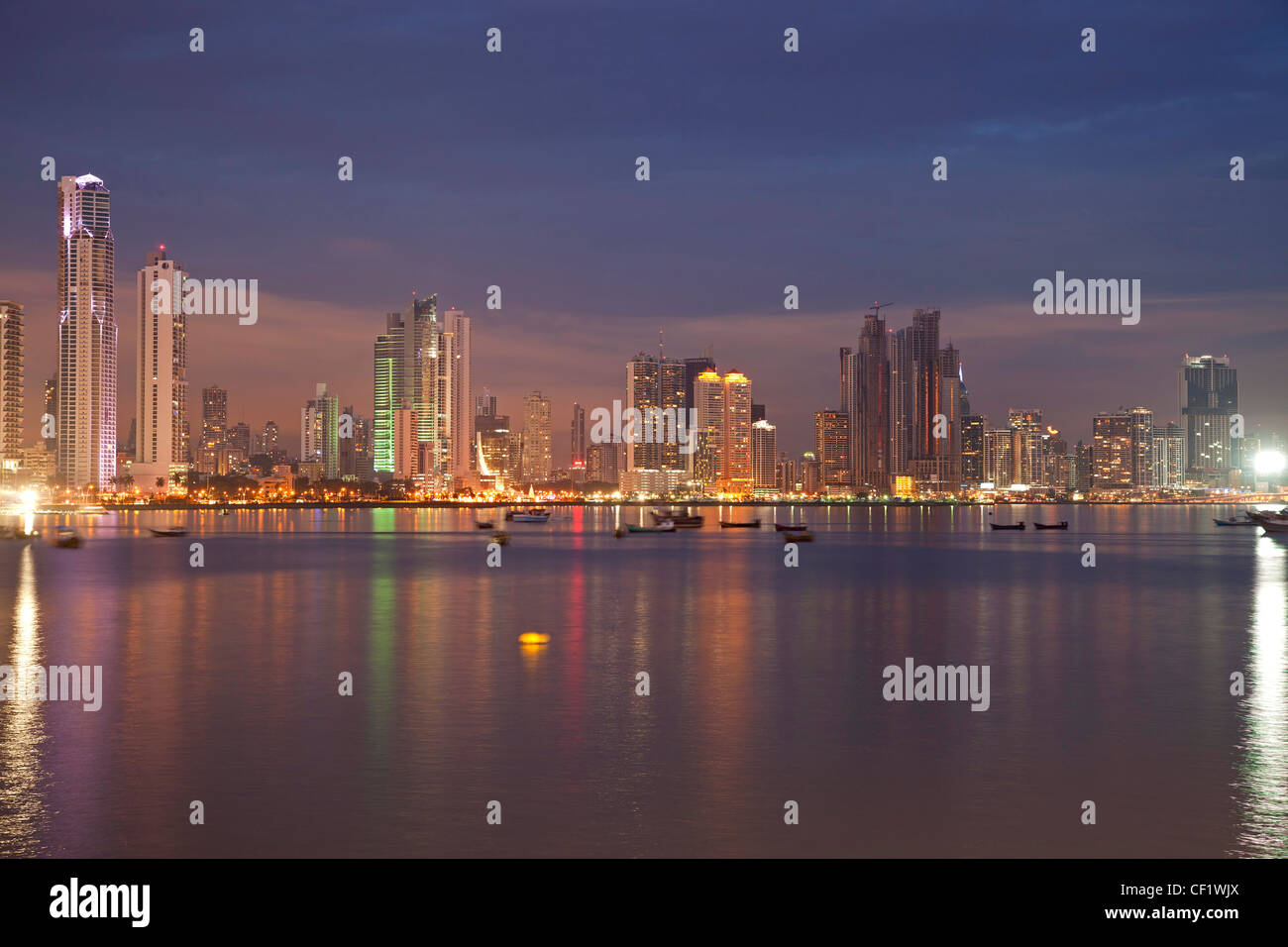 Skyline of Panama City during the blue hour, Panama, Central America Stock Photo