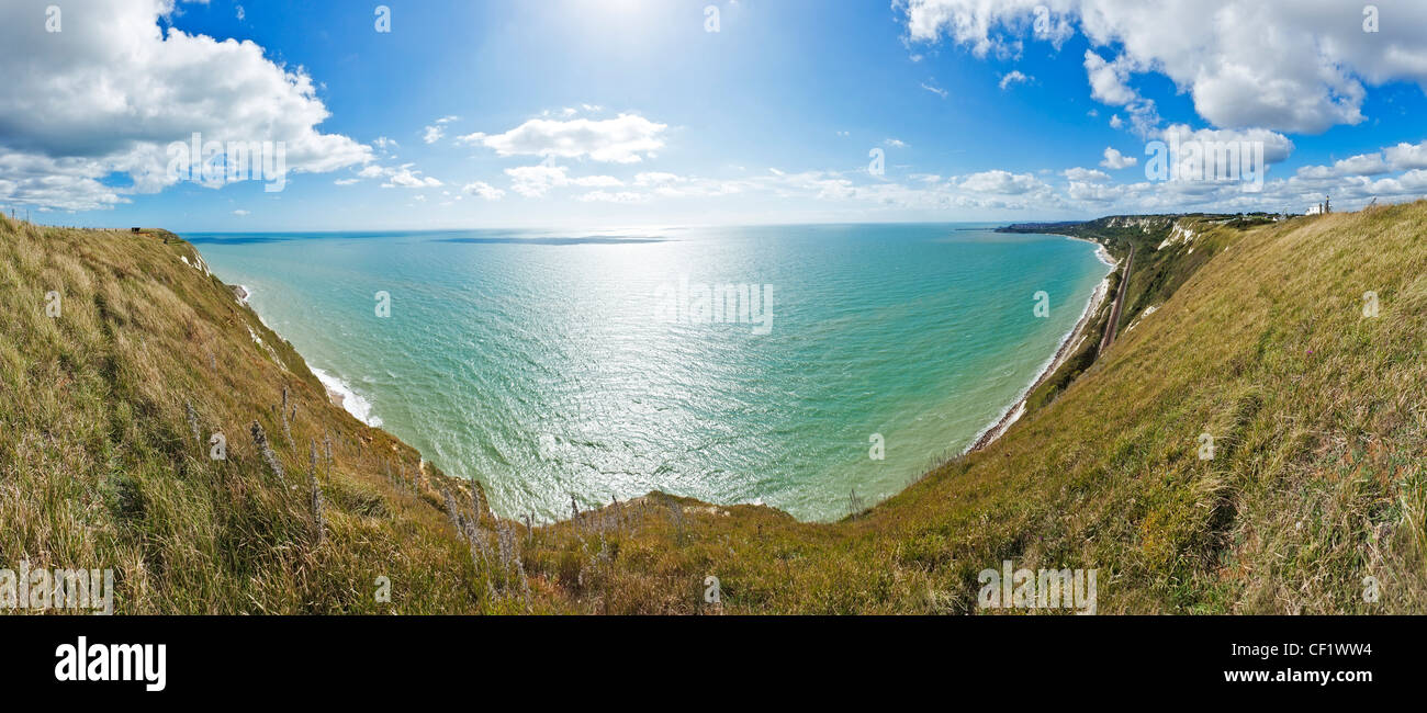 A panoramic view from the White Cliifs of Dover towards Folkestone and the English Channel. Stock Photo