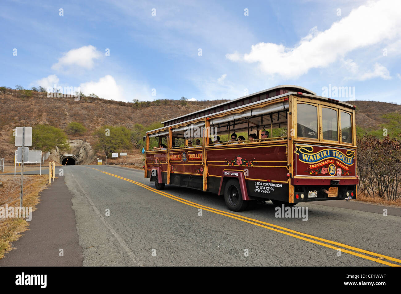 Waikiki trolley bus by Diamond Head, Honolulu, Oahu Island, Hawaii