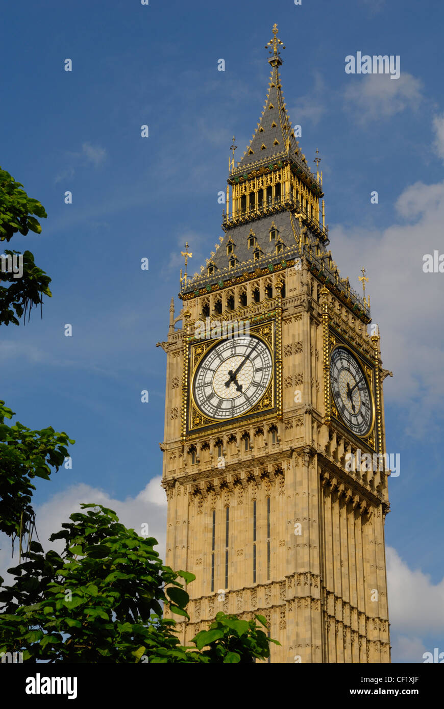Big Ben, one of London's most iconic landmarks, against a blue sky. Big Ben is actually the name of the Great Bell in the clock Stock Photo