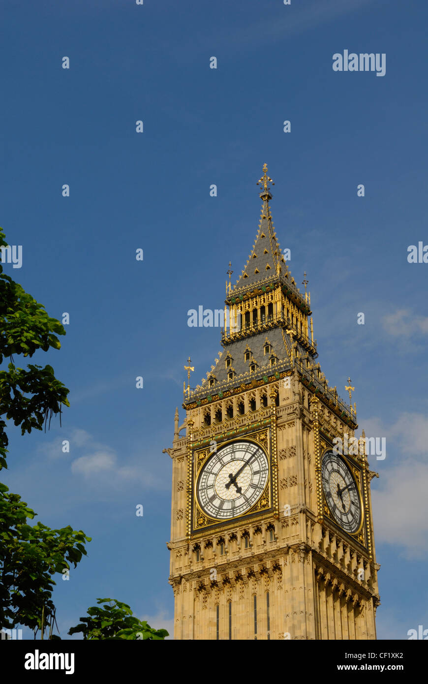 Big Ben, one of London's most iconic landmarks, against a blue sky. Big Ben is actually the name of the Great Bell in the clock Stock Photo