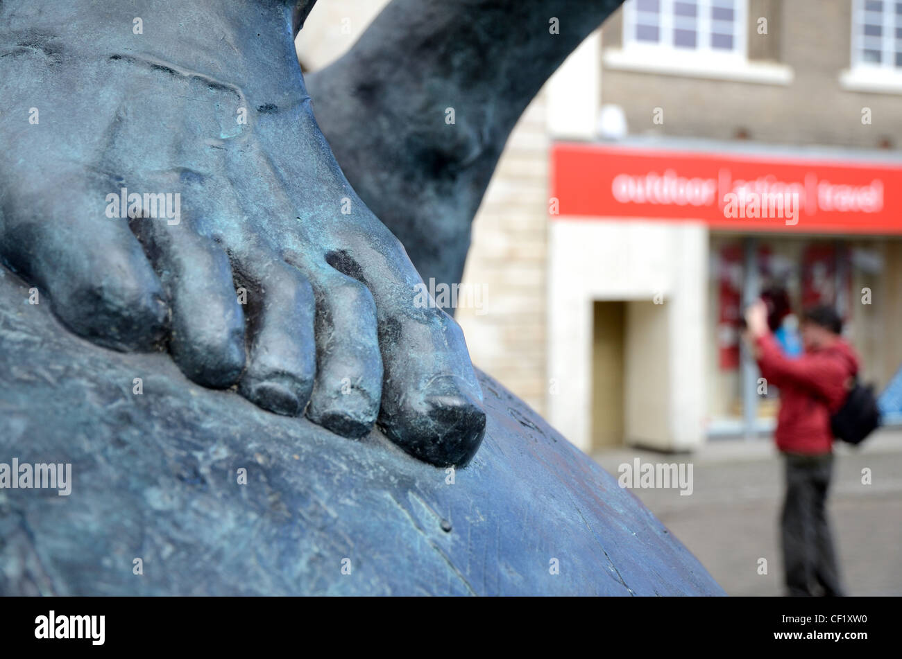 Close up of the foot of 'The Drummer' a large statue outside the hall for Cornwall, in Truro, with a blurred background  figure Stock Photo