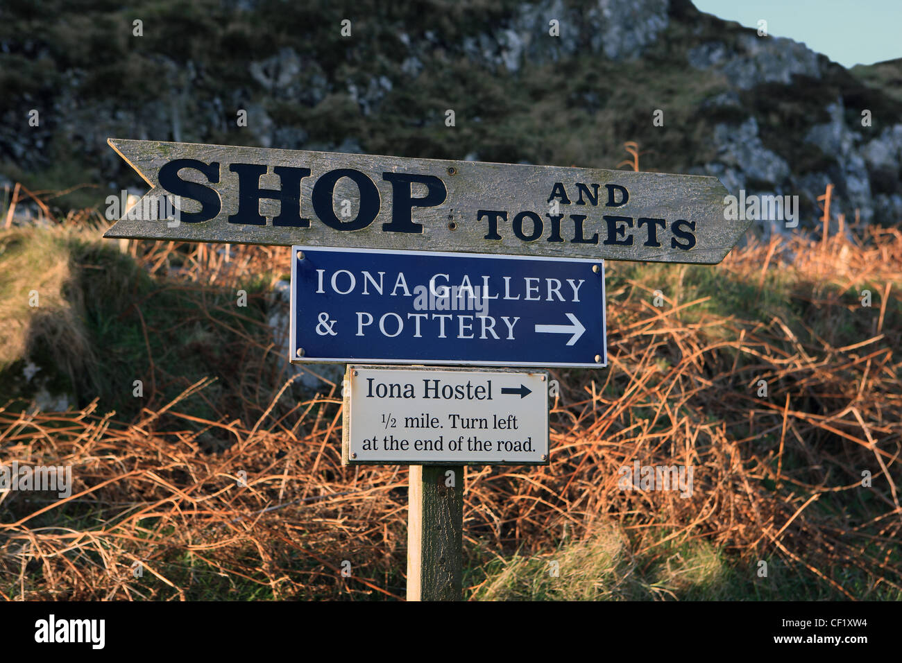 Tourist signs on the Isle of Iona in the Inner Hebrides of Scotland Stock Photo