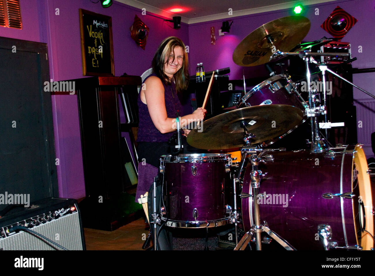 Drummer Ann Batty of the After Hours Blues Band performing live at Mangos nightclub in Dundee 2011,UK Stock Photo