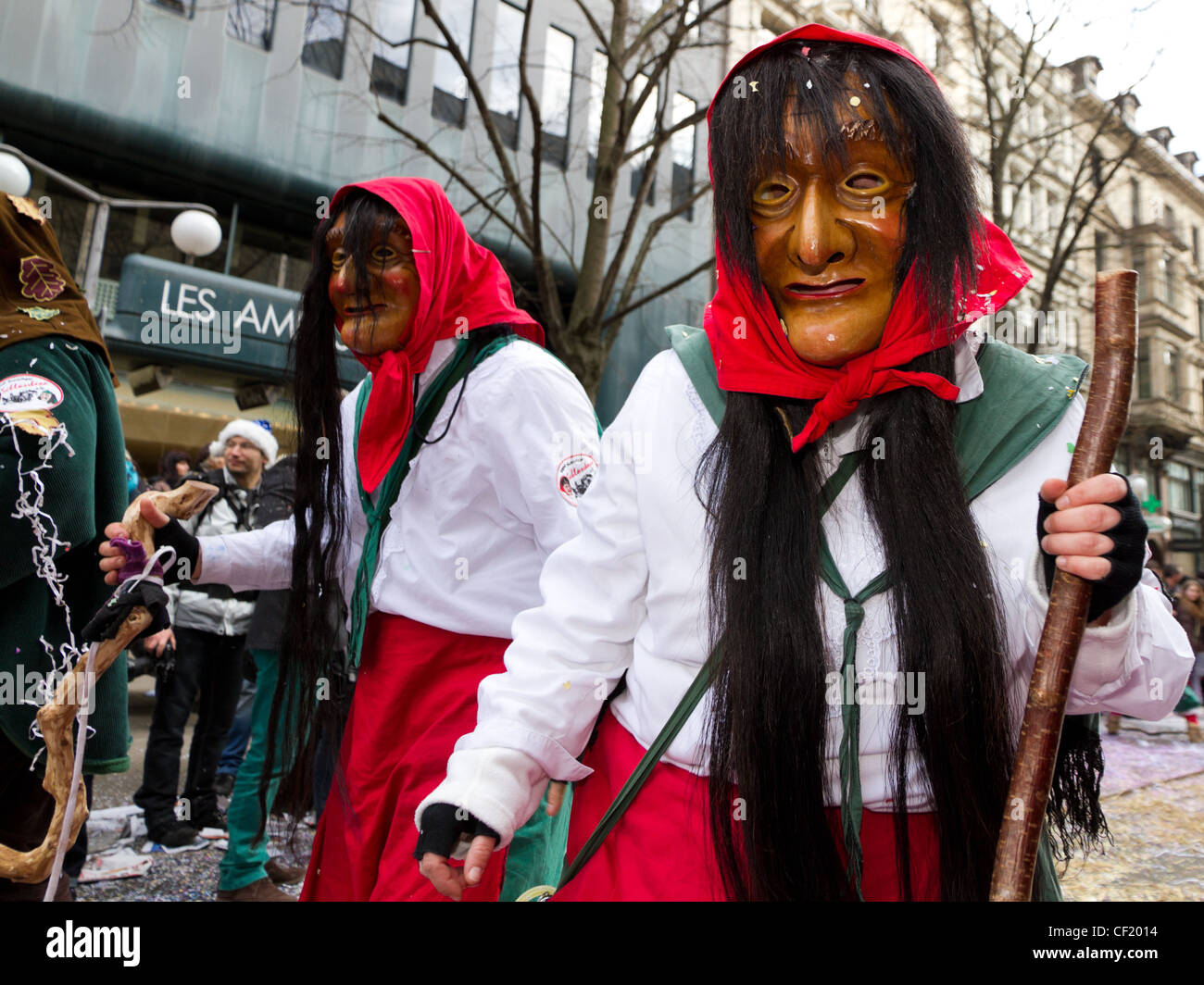 Participants in costumes perform a street procession of ZueriCarneval Fasnacht February 26, 2012 in Zurich, Switzerland. Stock Photo