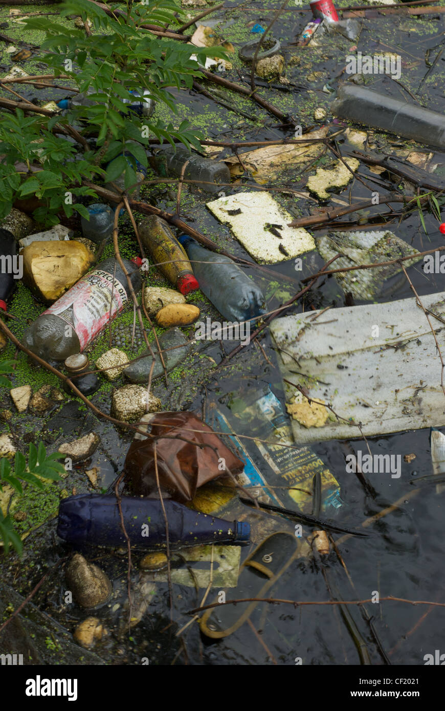 heavily polluted river water Stock Photo