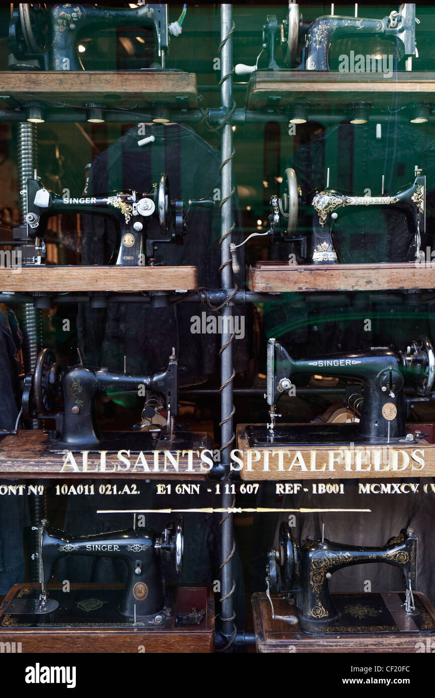 Sewing machines in the window display of All Saint's Spitalfields in