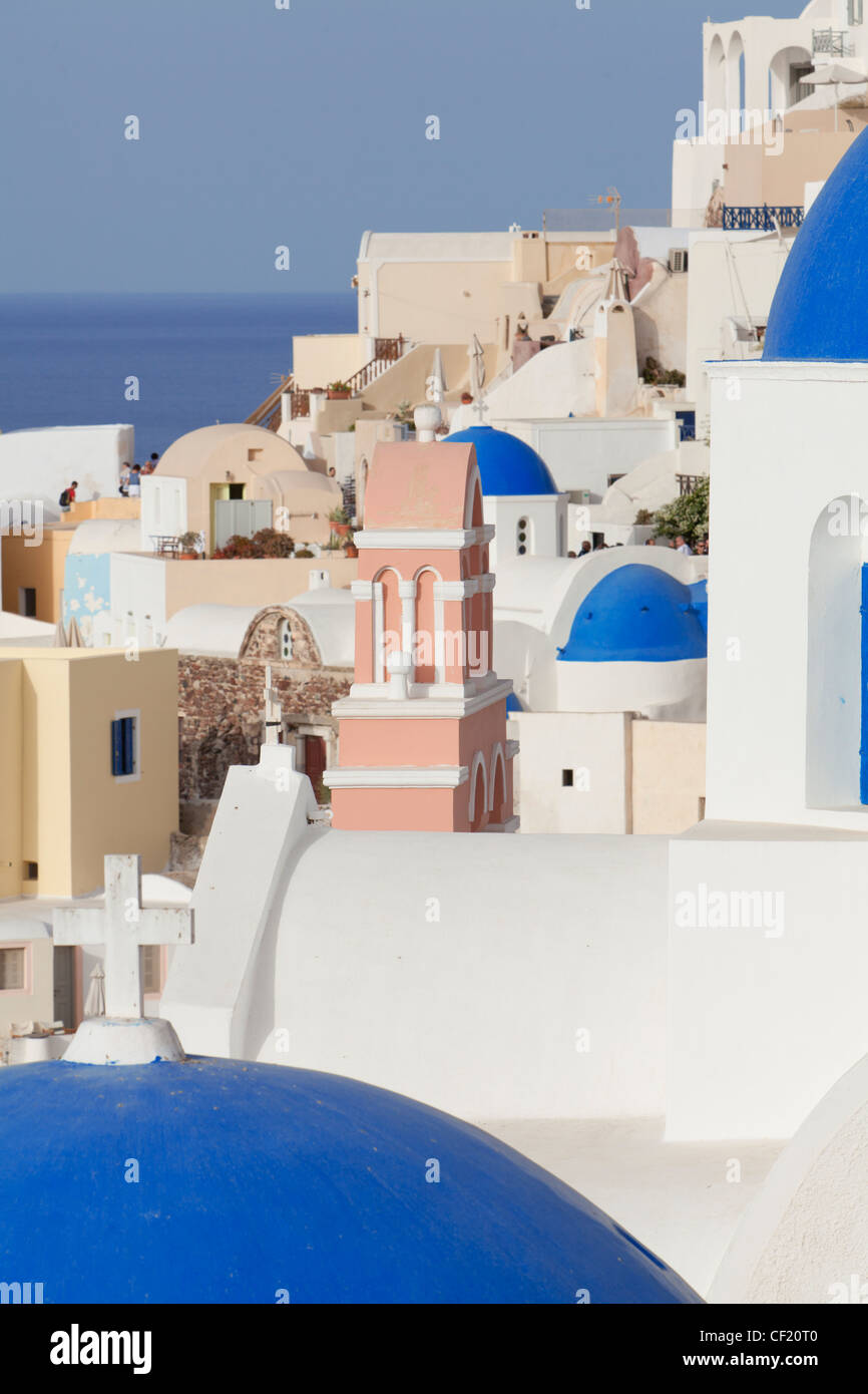 A view of the blue domed roofs of some Greek Orthodox churches in the