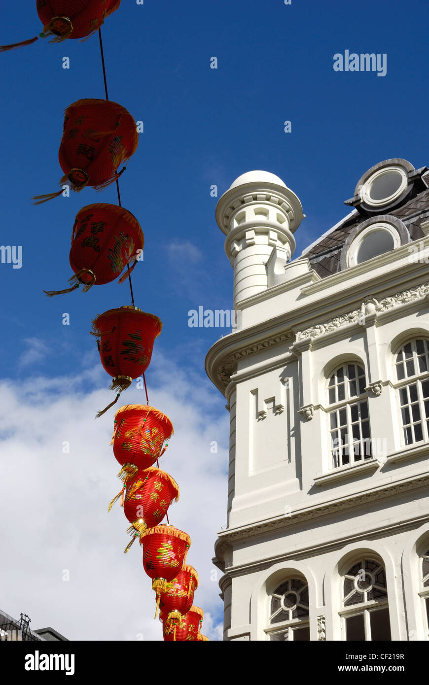 Lanterns hanging above the street in London's Chinatown Stock Photo Alamy