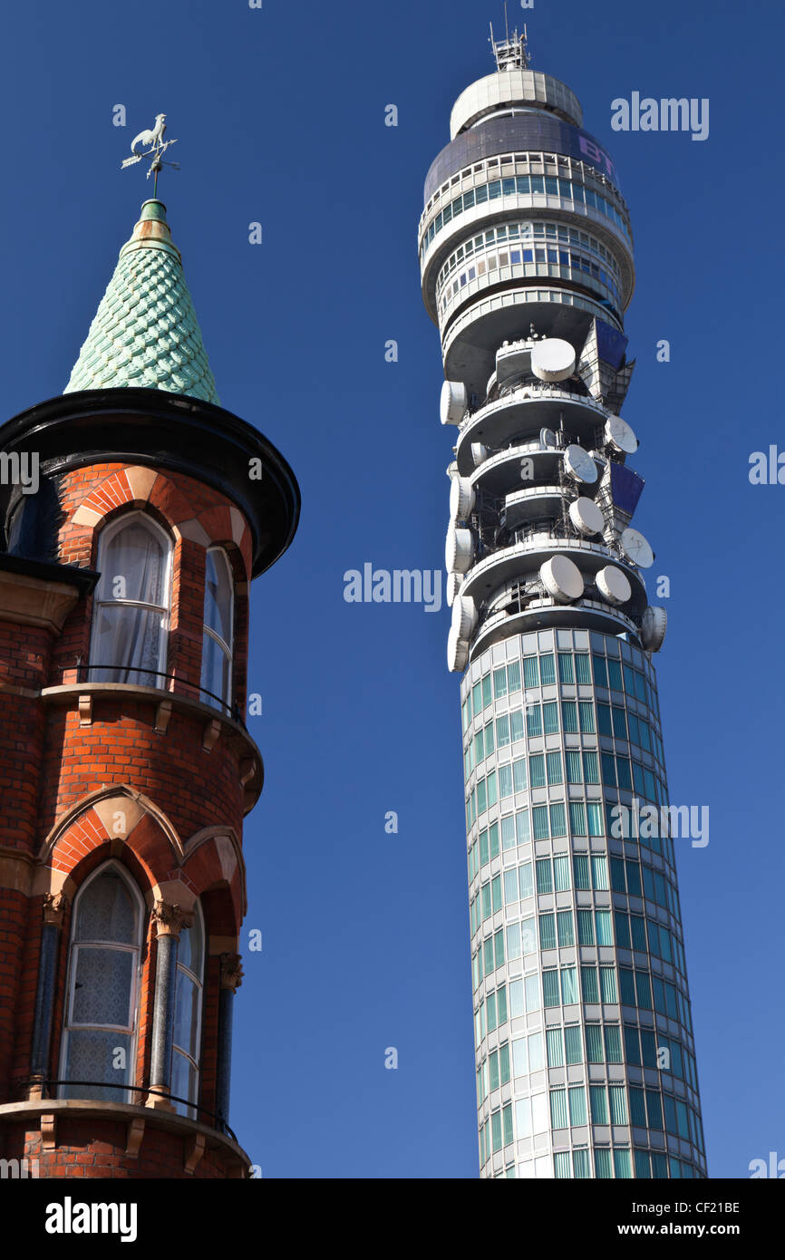 The BT Tower at 60 Cleveland Street. The tower was originally commissioned by the General Post Office (GPO) to send telecommunic Stock Photo