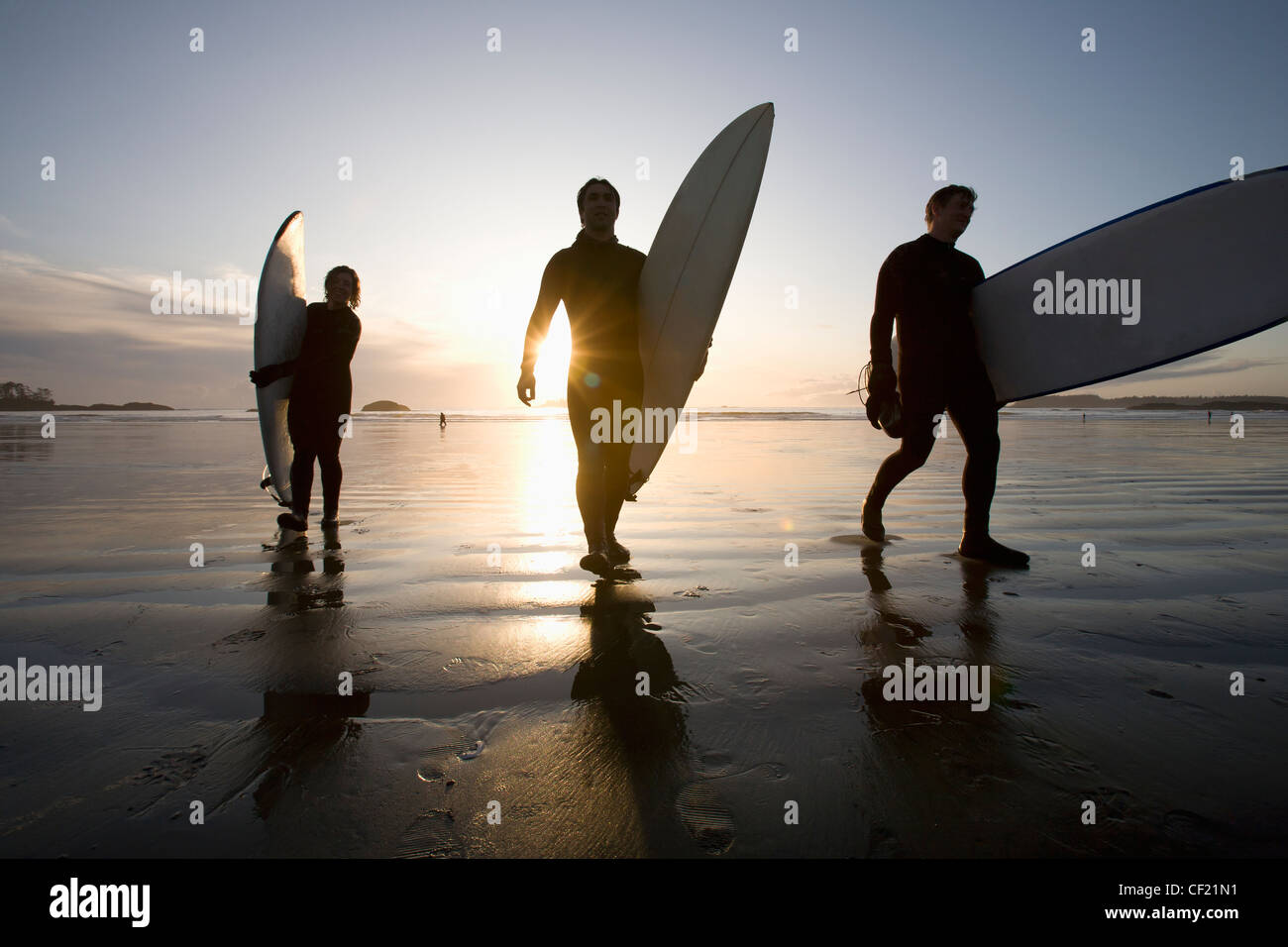 Silhouette Of Three Surfers Carrying Surfboards; Chesterman Beach