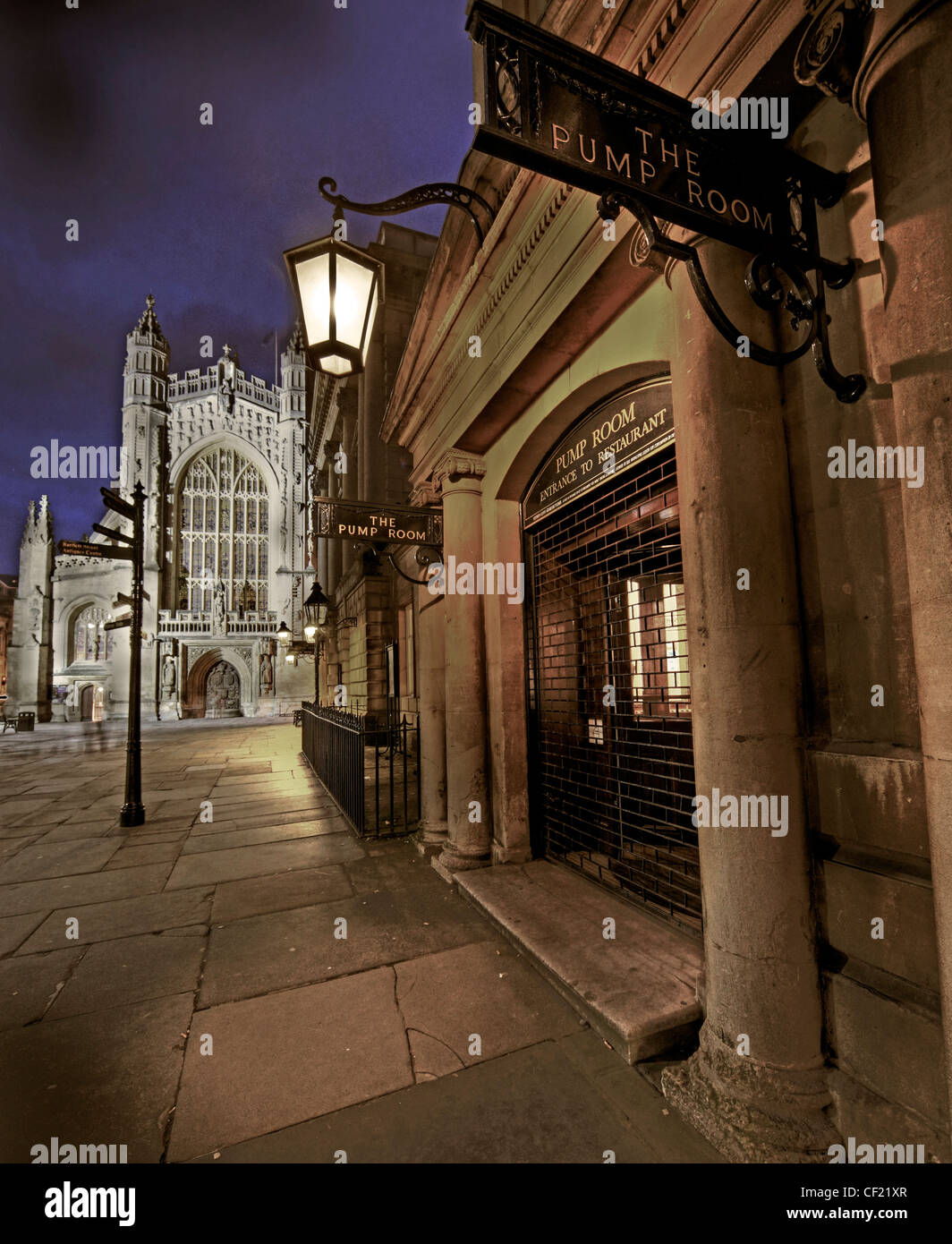 City of Bath, Pump Room and Abbey at Dusk Uk GB Stock Photo