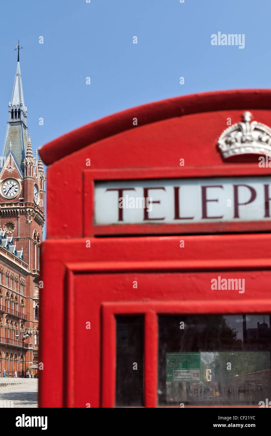 A red telephone box outside St Pancras International. Stock Photo