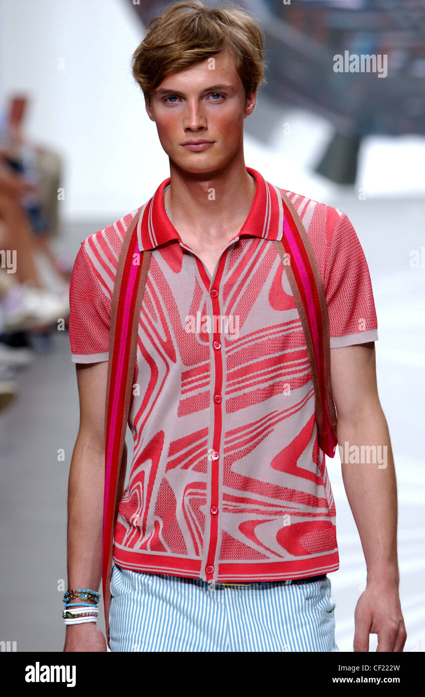Missoni Milan Menswear S S Male wearing patterned red short sleeved shirt; looking straight to camera Stock Photo