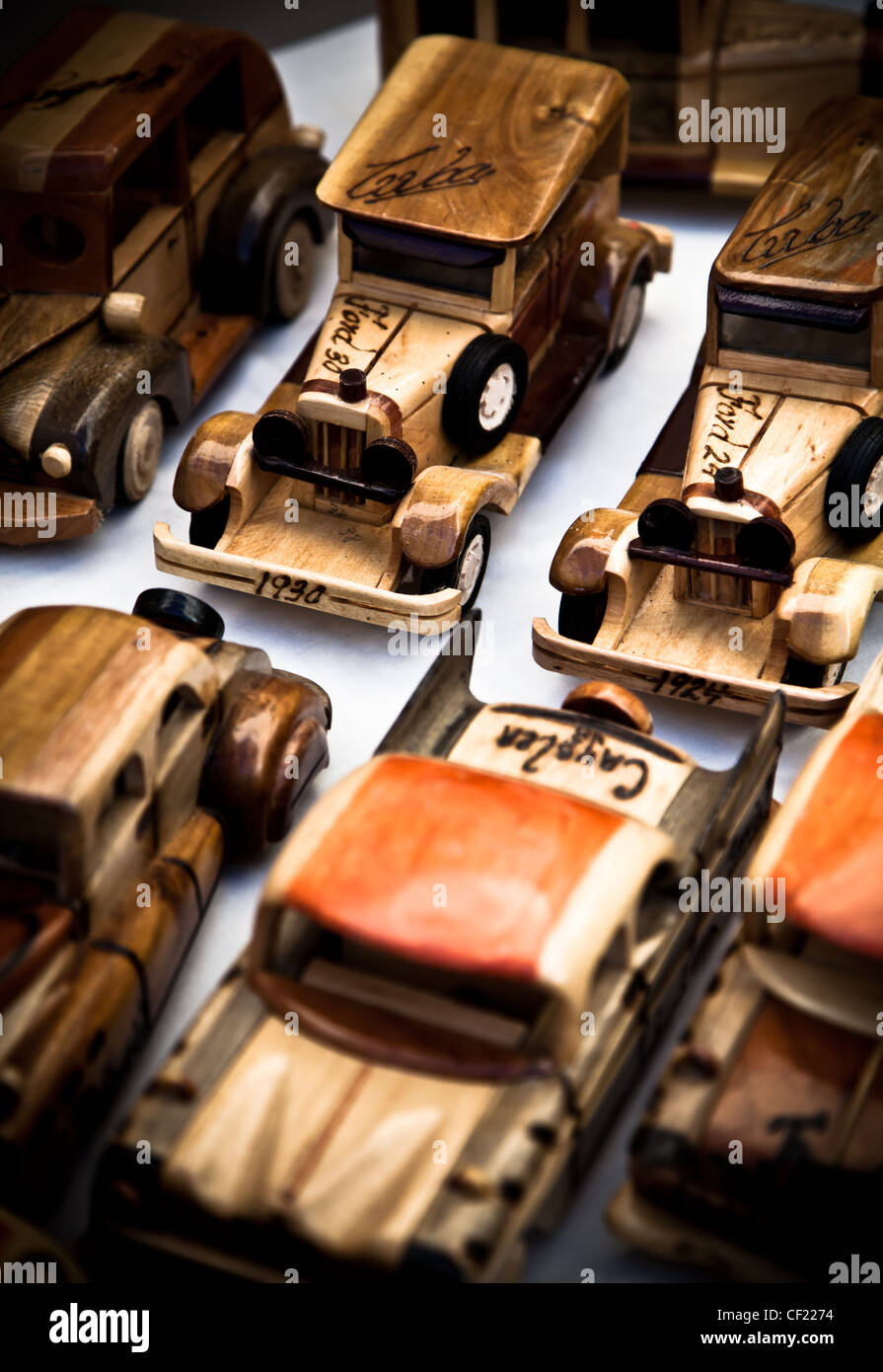 Collection of handmade wooden toy cars with nobody Stock Photo