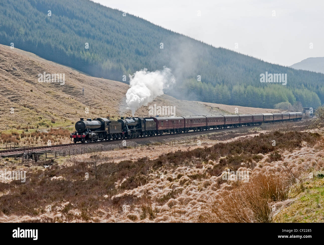 Steam engines K4 61994 The Great Marquess and 8F 48151 Gauge O'Guild pull a special towards Fort William just north of Tyndrum Stock Photo