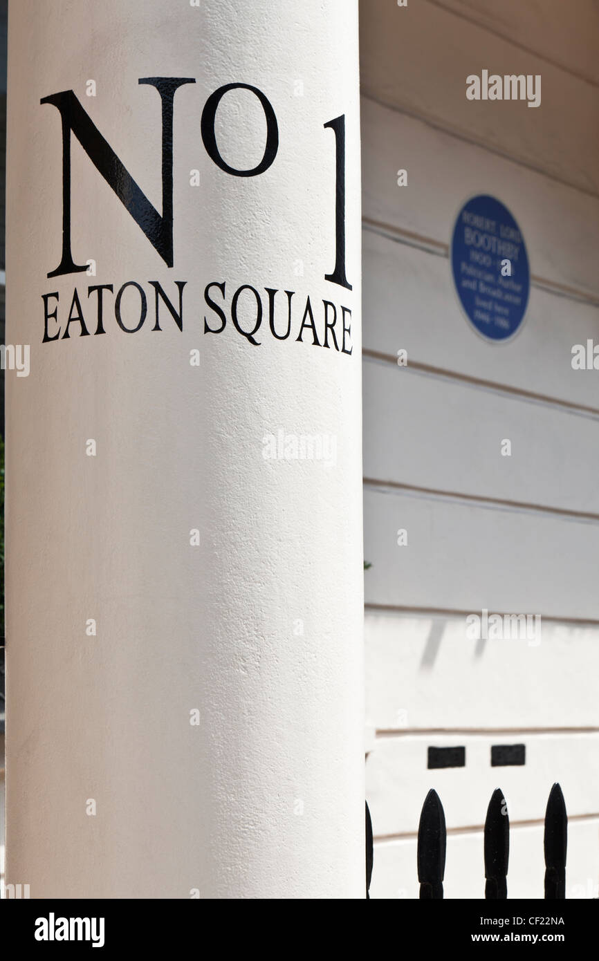 House number on a pillar outside a residence in Eaton Square. A blue