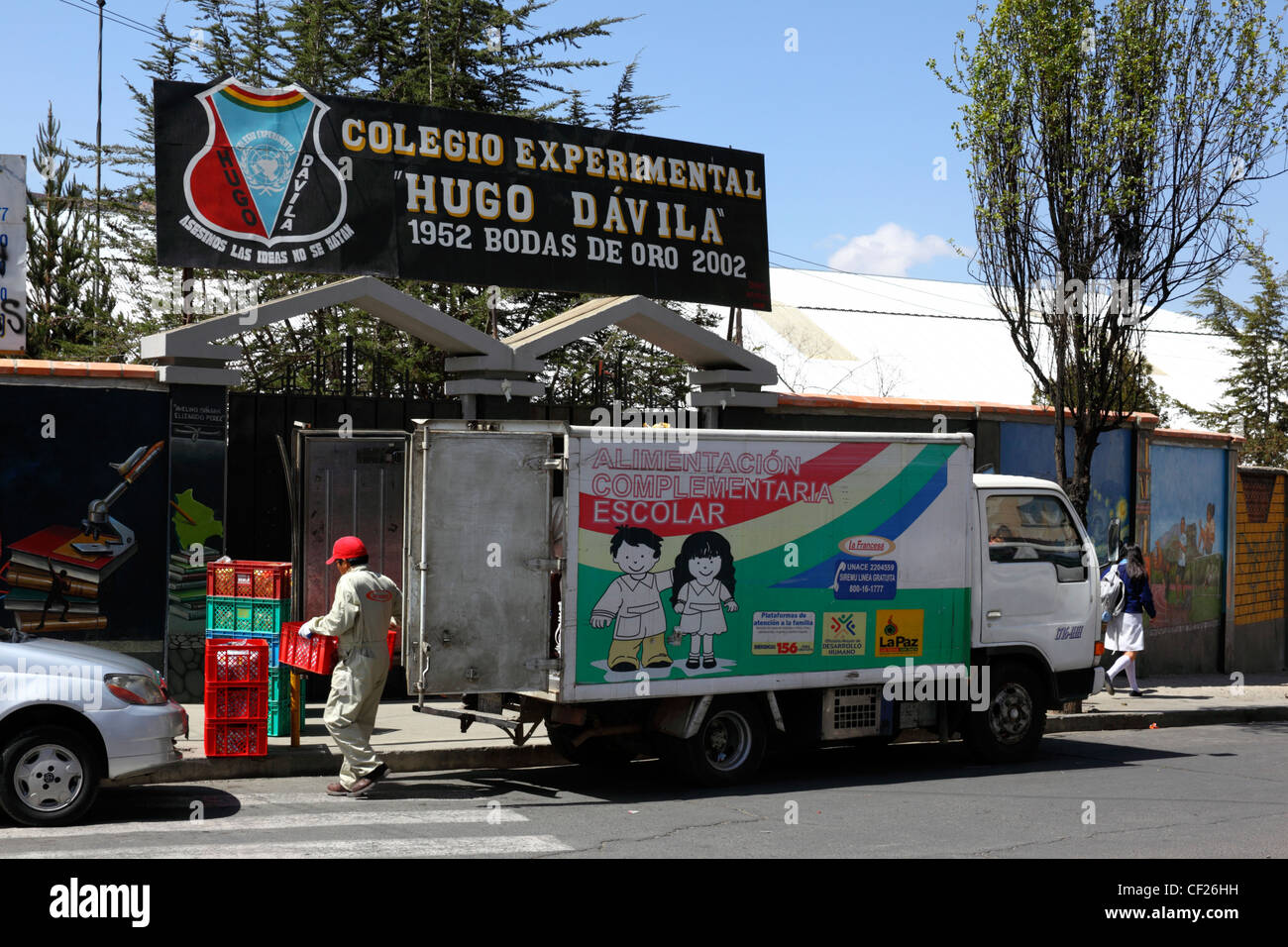 Delivering free breakfasts to a school, part of a government campaign to reduce the number of underfed children, La Paz, Bolivia Stock Photo