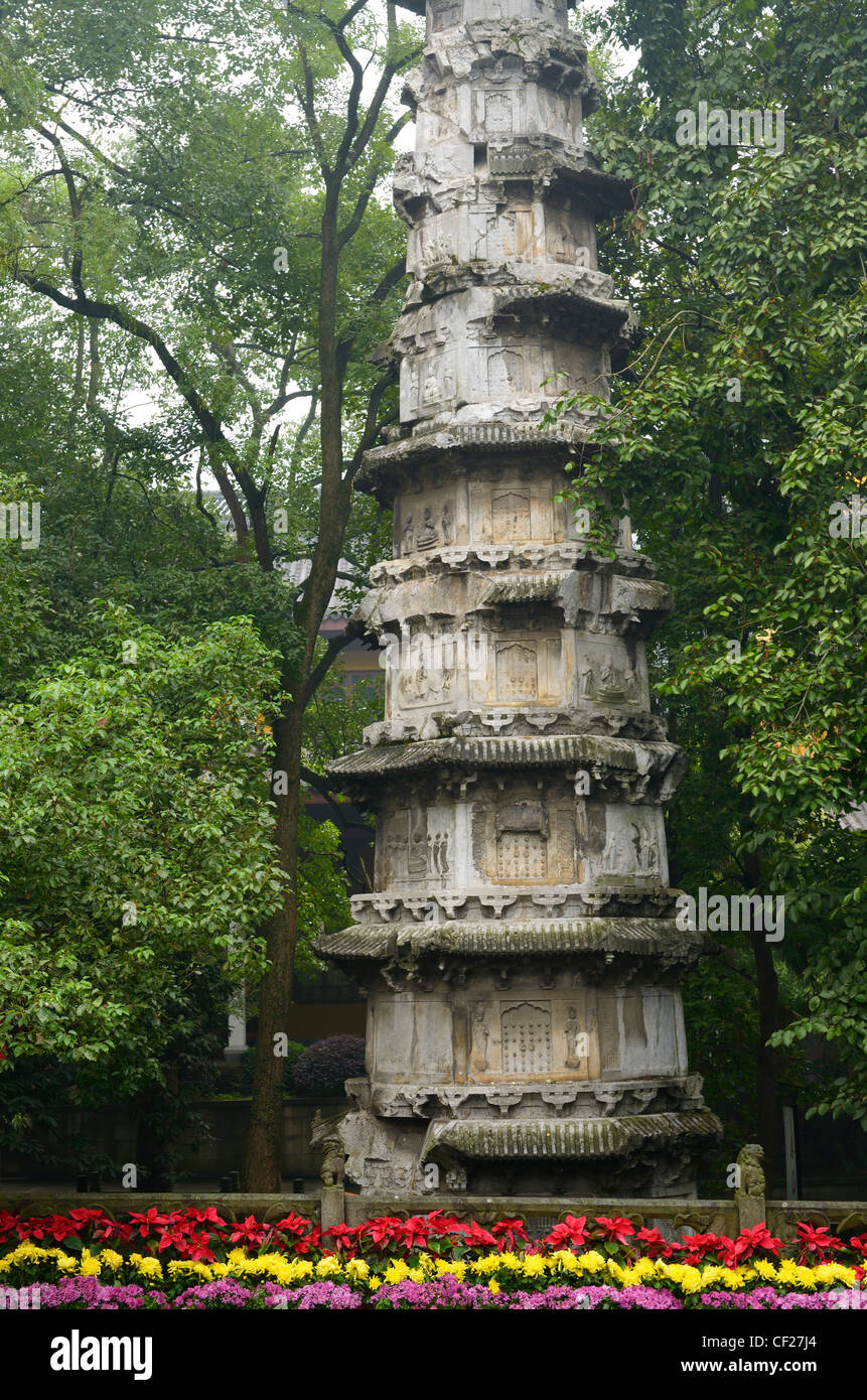 Ancient West Buddhist Dharani stone Pagoda Sutra pillar at Lingyin Temple in Hangzhou Peoples Republic of China Stock Photo
