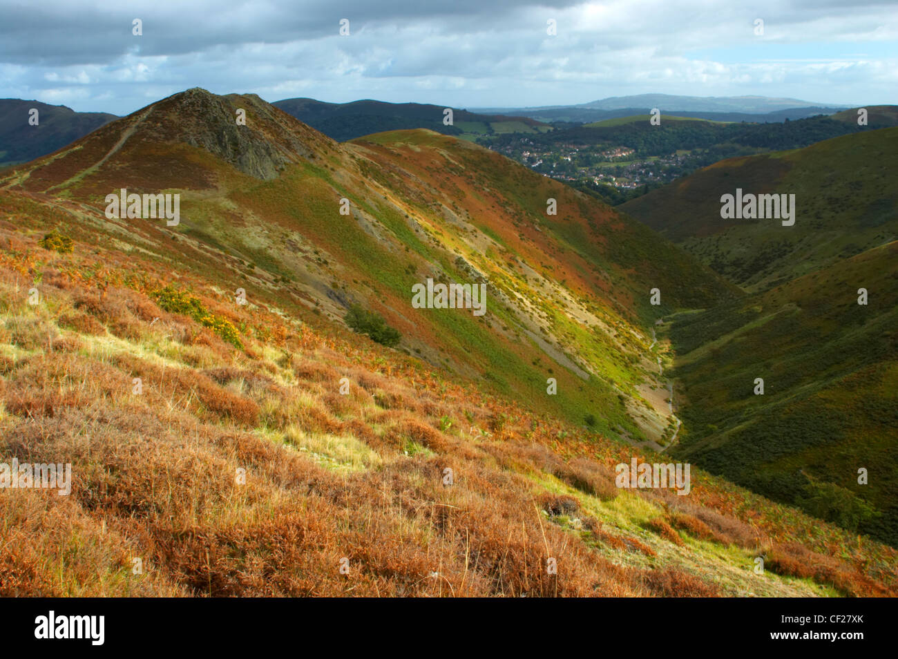 View from the Long Mynd in early autumn looking across the green and