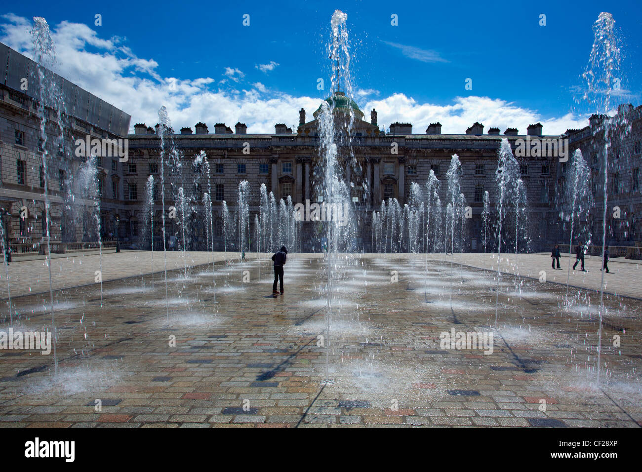 Fountains in the Edmond J. Safra Fountain Court at Somerset House. Stock Photo