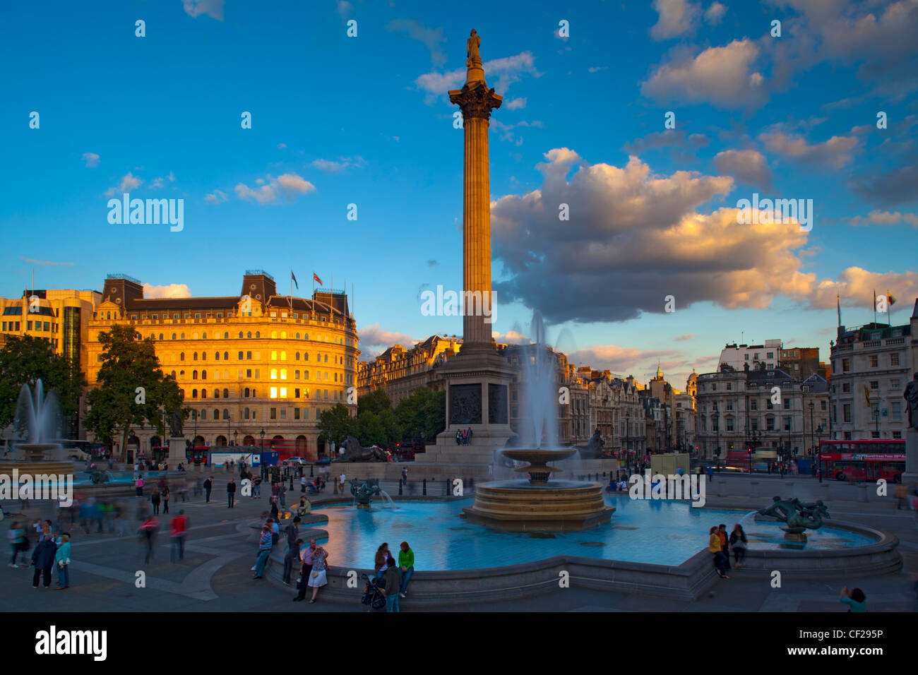 Nelson's Column and fountains in Trafalgar Square, one of London's most popular tourist destinations. Stock Photo