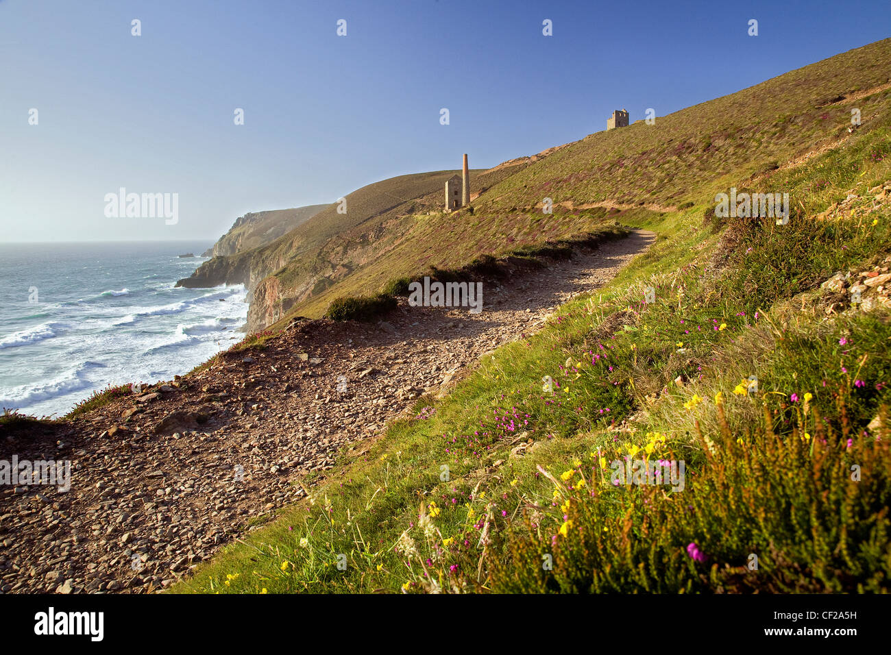 A view towards Wheal Coates tin mine on the North coast of Cornwall. Stock Photo