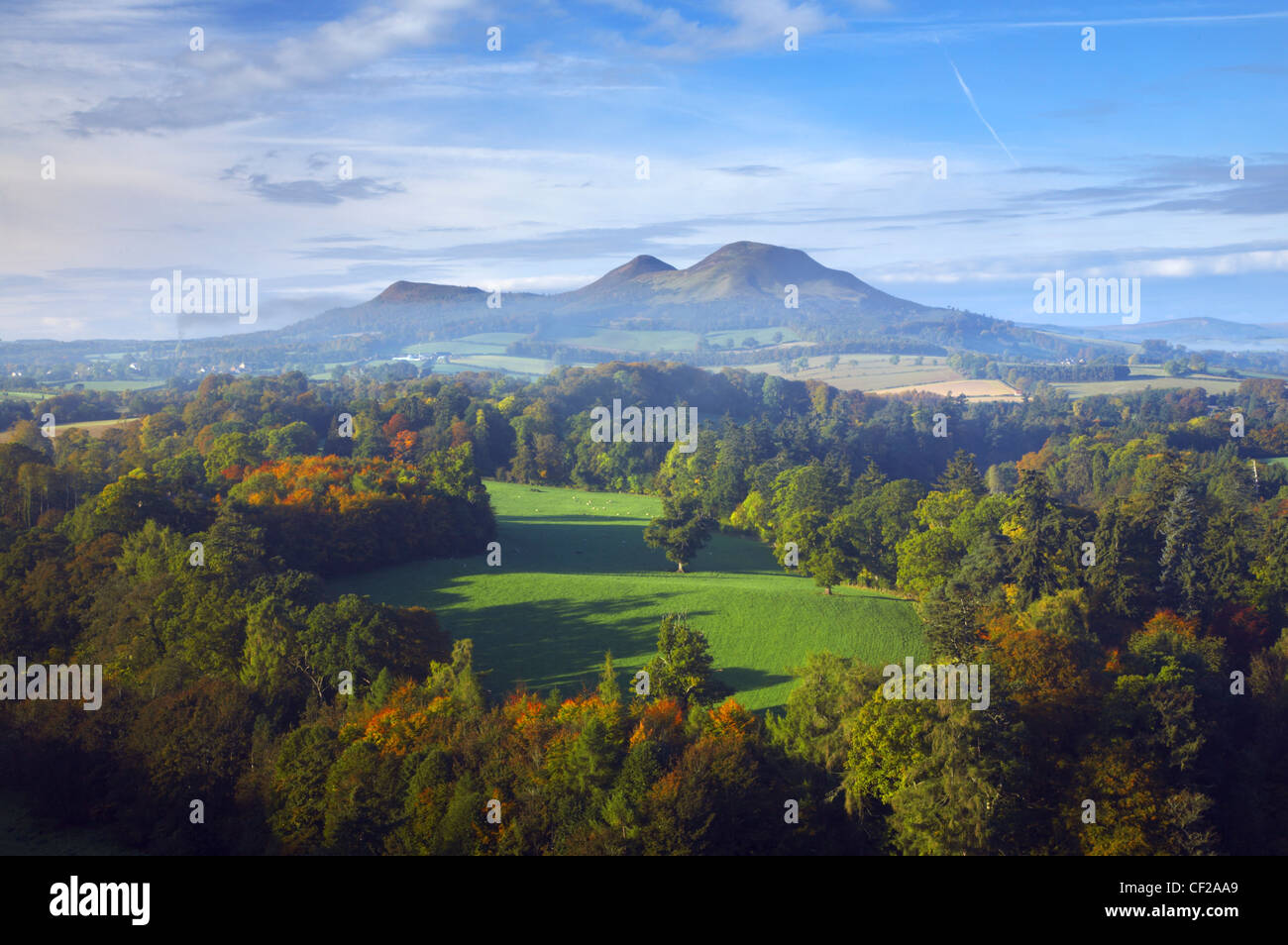 The Eildon Hills, viewed in Autumn from the famous viewpoint of Scott's View near Newton St Boswells. Stock Photo