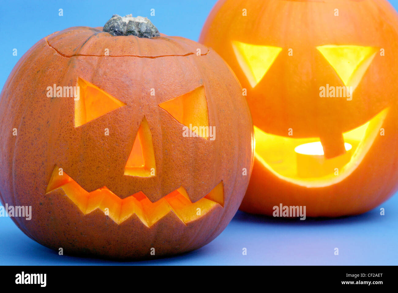 Two carved Halloween pumpkins Stock Photo
