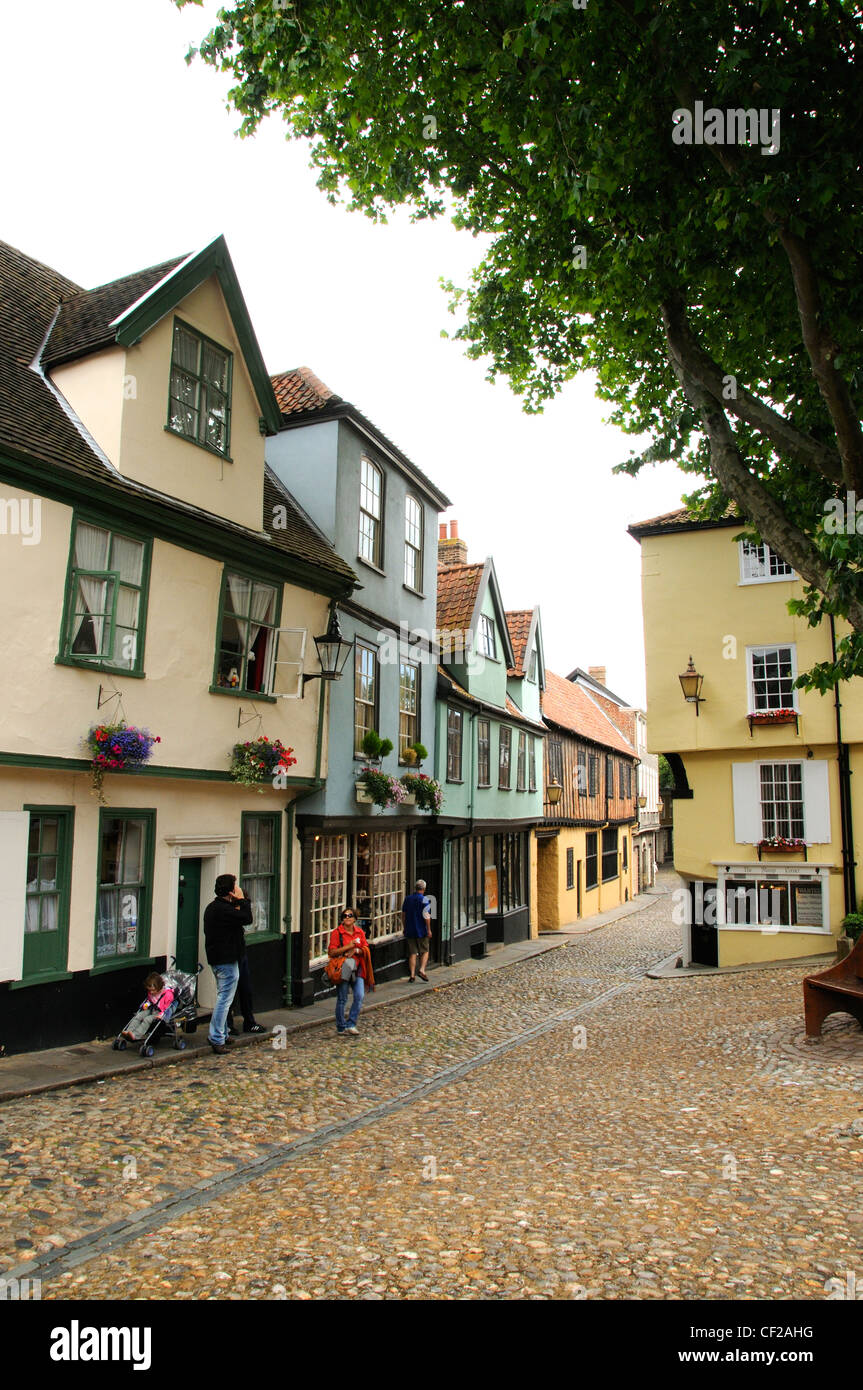 Buildings dating back to Tudor times in the historic cobbled lane of Elm Hill. Stock Photo
