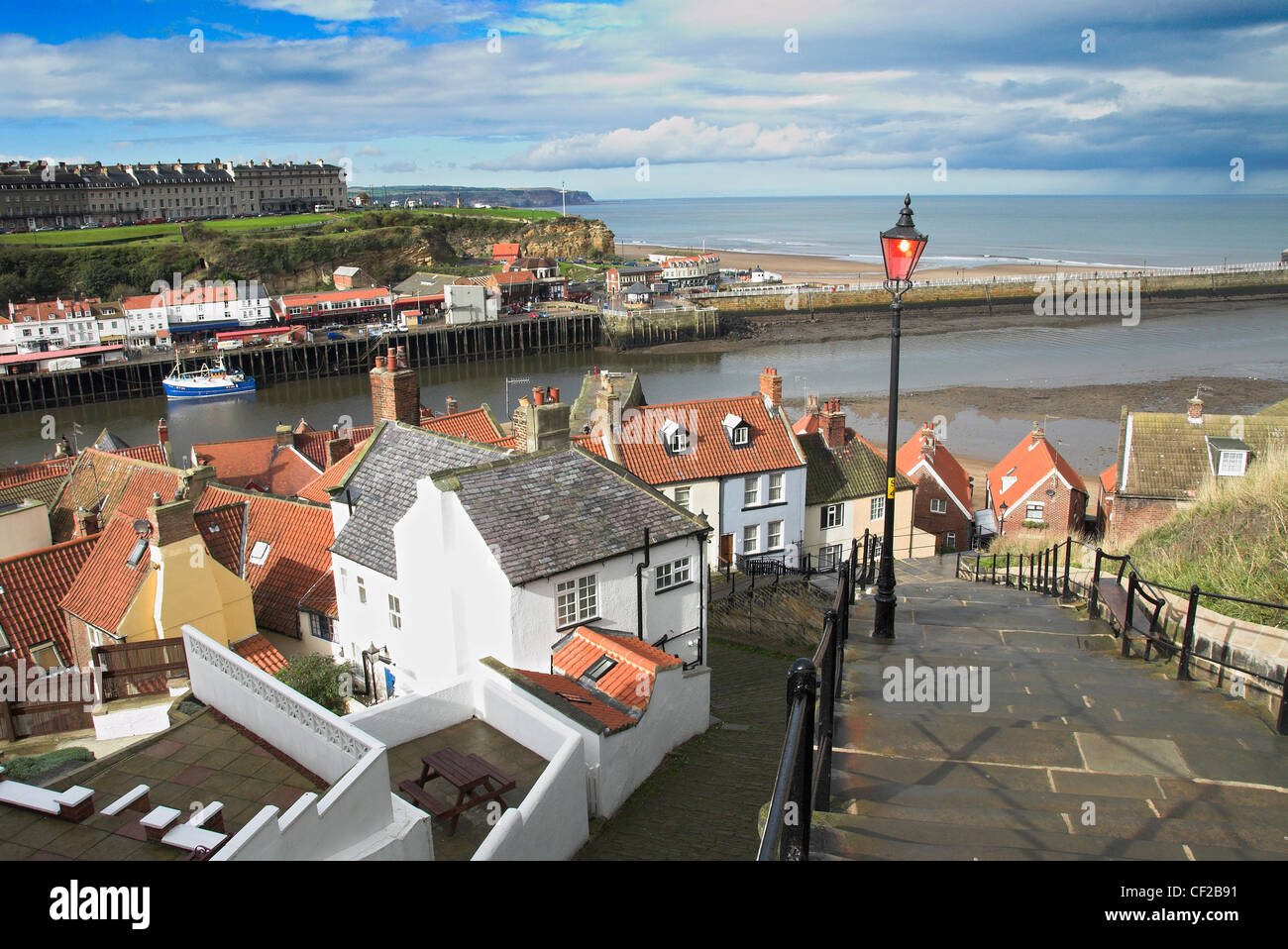 View down the famous 199 steps that lead from Whitby Abbey down to the ...