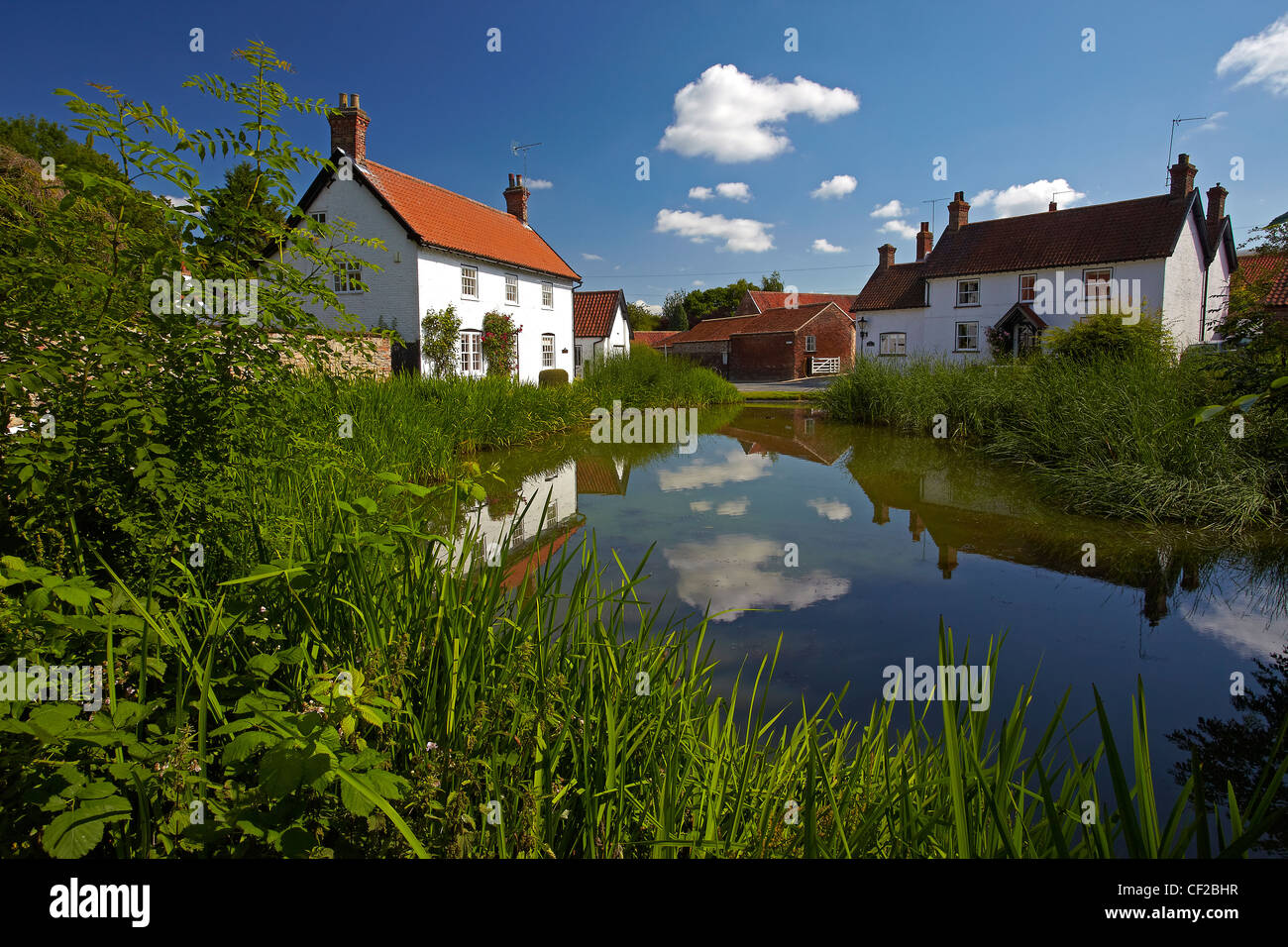 Cottages reflected in the village pond at Burton Stock Photo Alamy