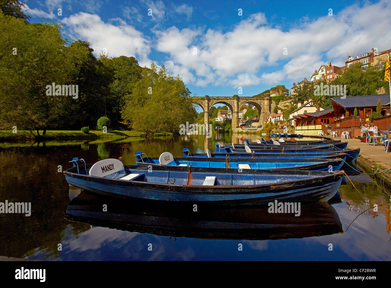 Rowing boats for hire on the River Nidd at Knaresborough. Stock Photo