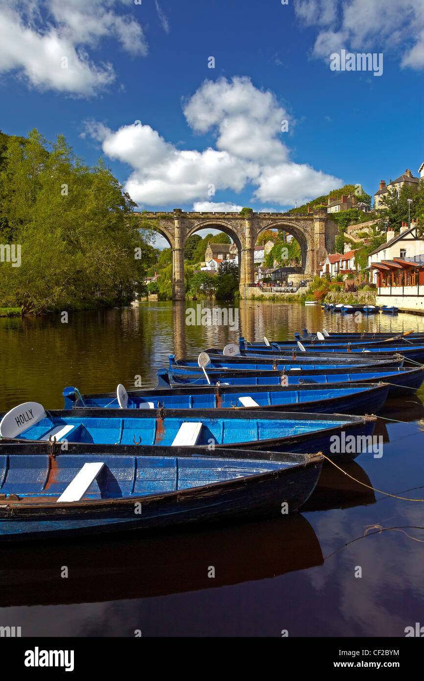 Rowing boats for hire on the River Nidd at Knaresborough. Stock Photo