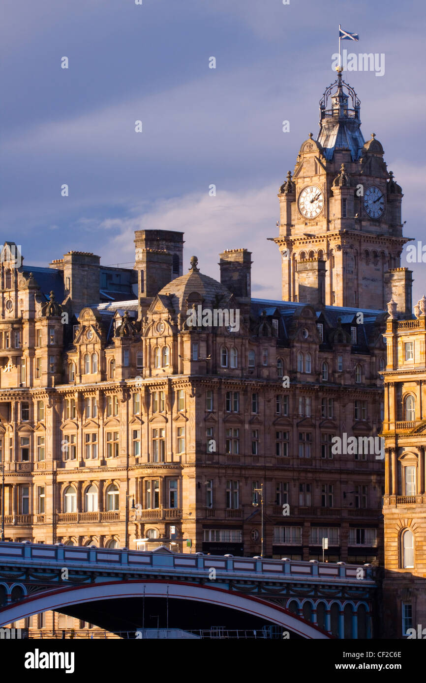 Balmoral Hotel and clock tower with the North Bridge below, linking Princes Street with the Edinburgh Old Town. Stock Photo