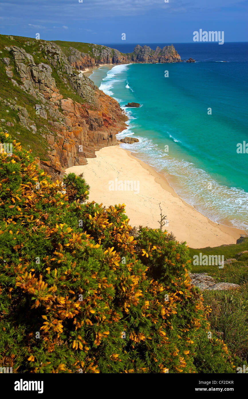 View down from the clifftop to the golden sand and turquoise sea at Pednvounder beach with Treen Cliffs and Logan Rock in the di Stock Photo