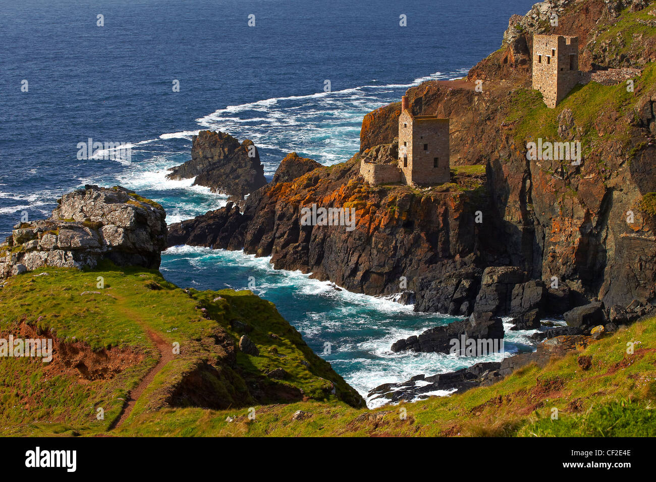 Engine houses from Crown Mines, former tin mines on the cliffs north of Botallack. Stock Photo
