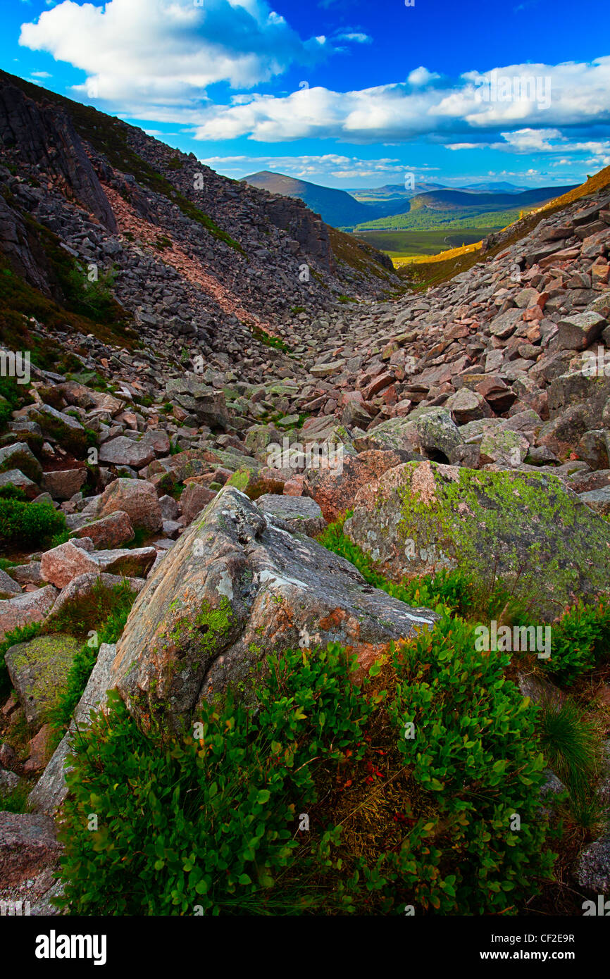 The dramatic landscape of the Chalamain Gap, a mountain pass in the Cairngorms National Park. Stock Photo