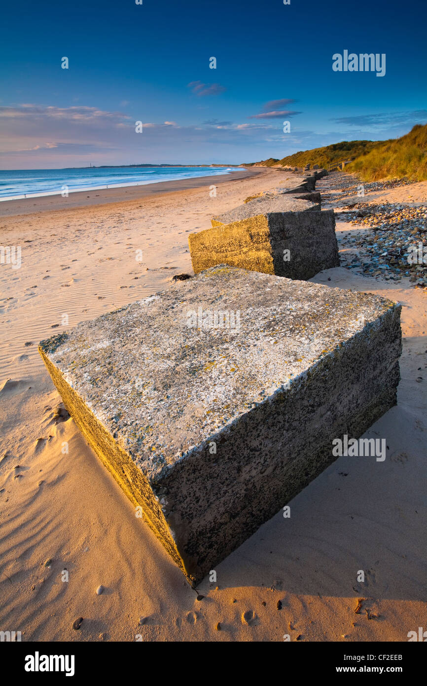 Anti-tank blocks placed on the beach to defend against possible invasion during the second world war. Stock Photo